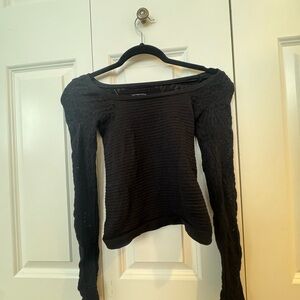 Free People Black Off-Shoulder Ribbed Knit Long Sleeve Top